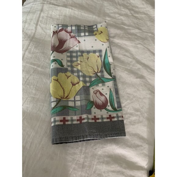 Vintage Woven Cotton Screen Print TULIPS 1960s Kitchen Tea Towel Gray Green Wine - Picture 7 of 7